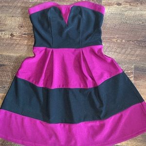purple and black strapless mini dress
